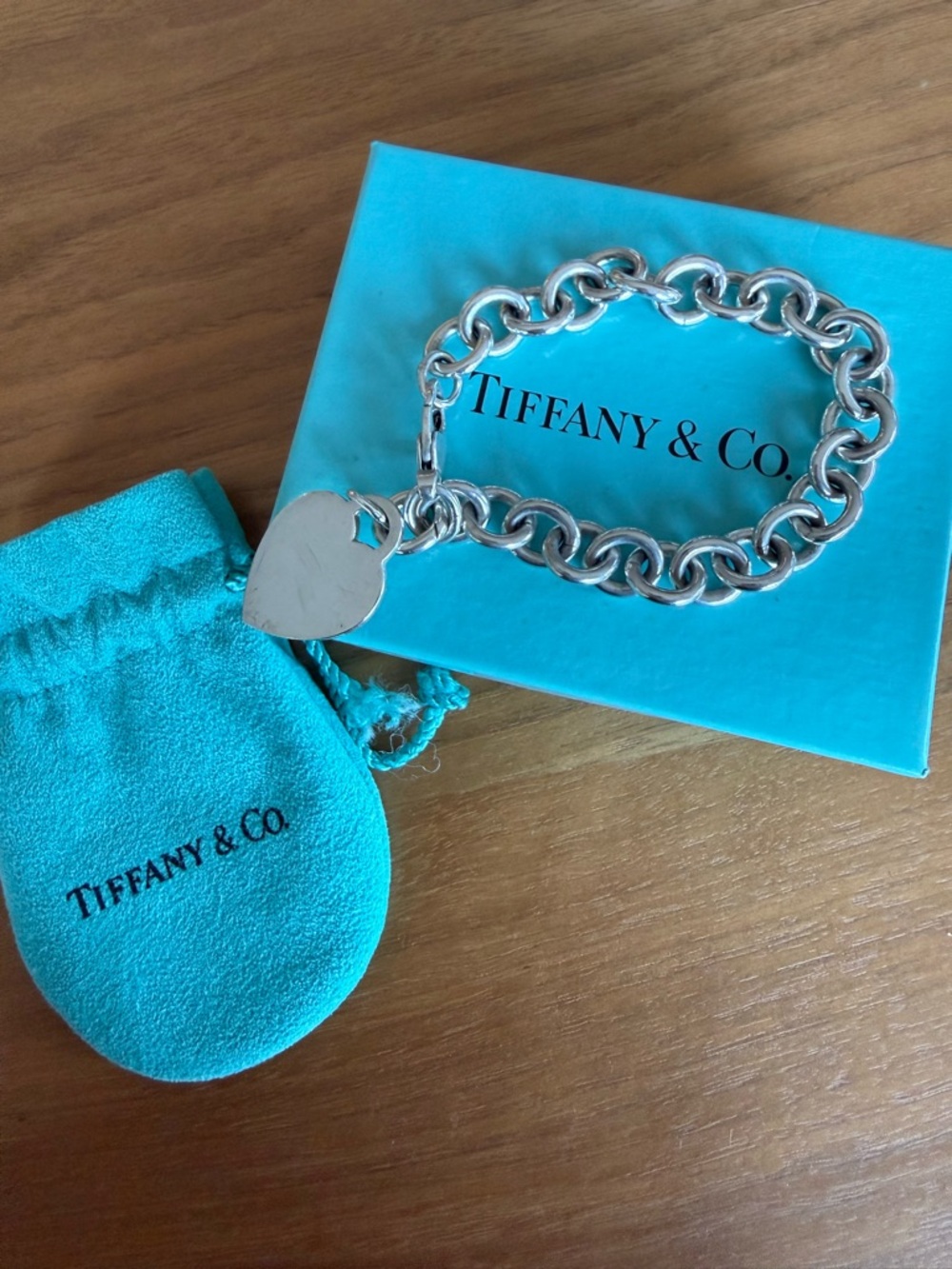 Tiffany & Co. Sterling Silver Heart Tag Bracelet with Tiffany Blue Pouch